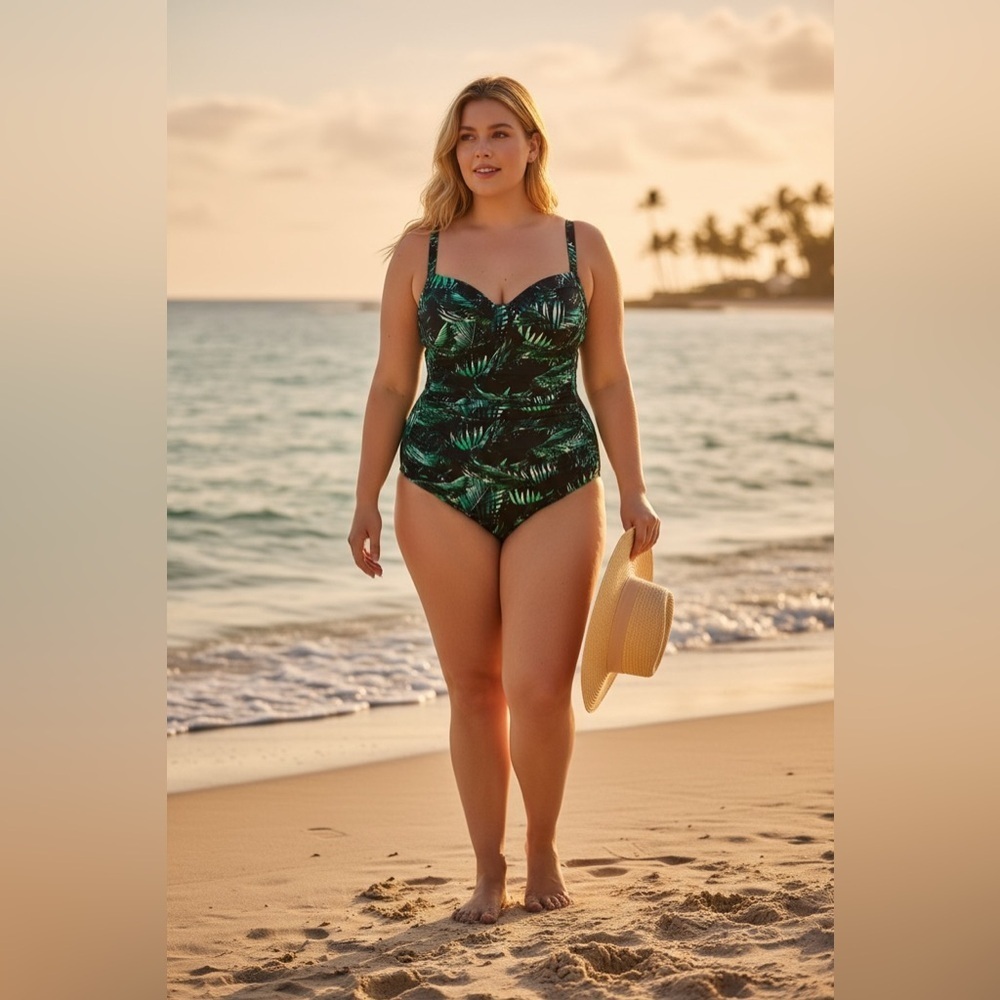 Torrid Slim Fix Underwire Green and Black Leaf Print Women Swimsuit size 3
